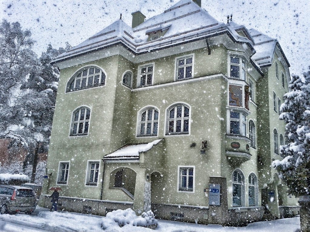 Gorgeous historical commercial property in winter during snow storm