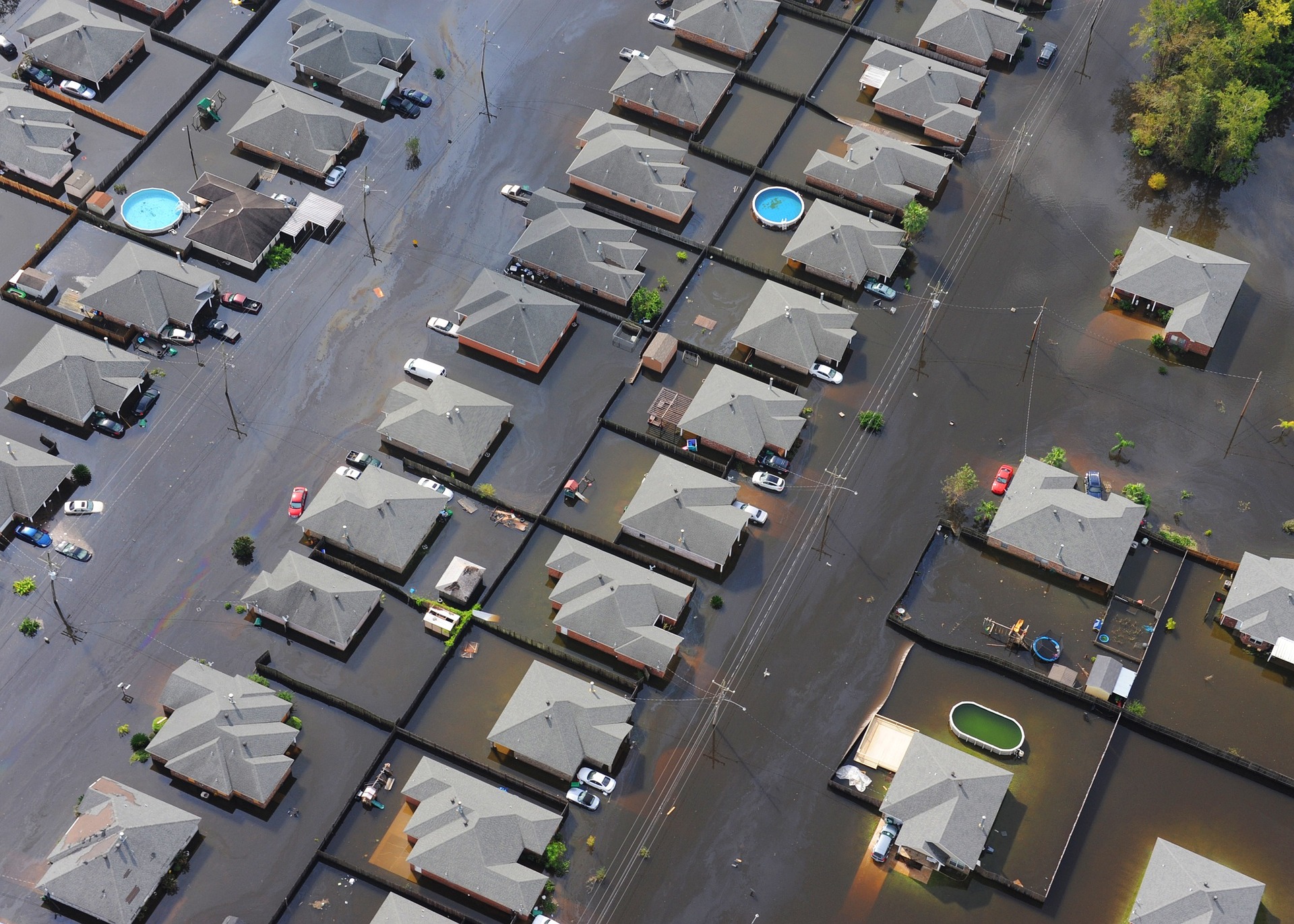 birds eye view of flooded neighborhood