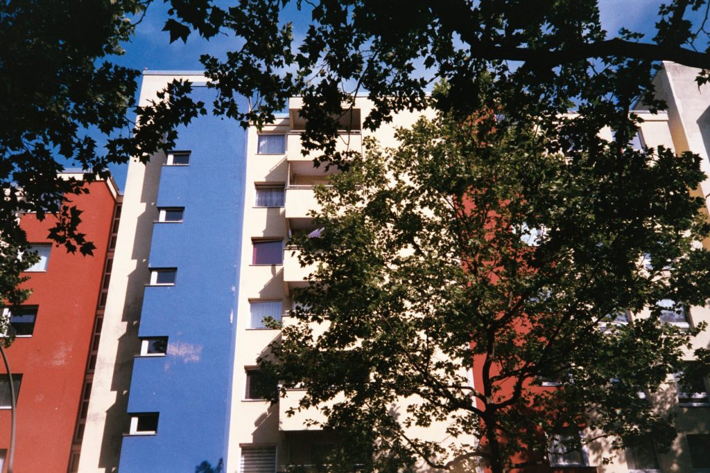 streetview of apartment complex, looking up through tree limbs