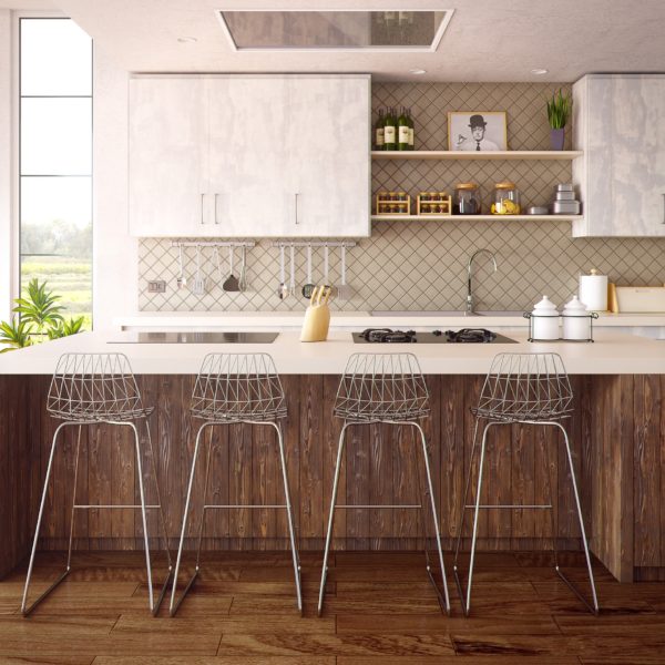 farmhouse chic kitchen with breakfast bar and metal stools for seating