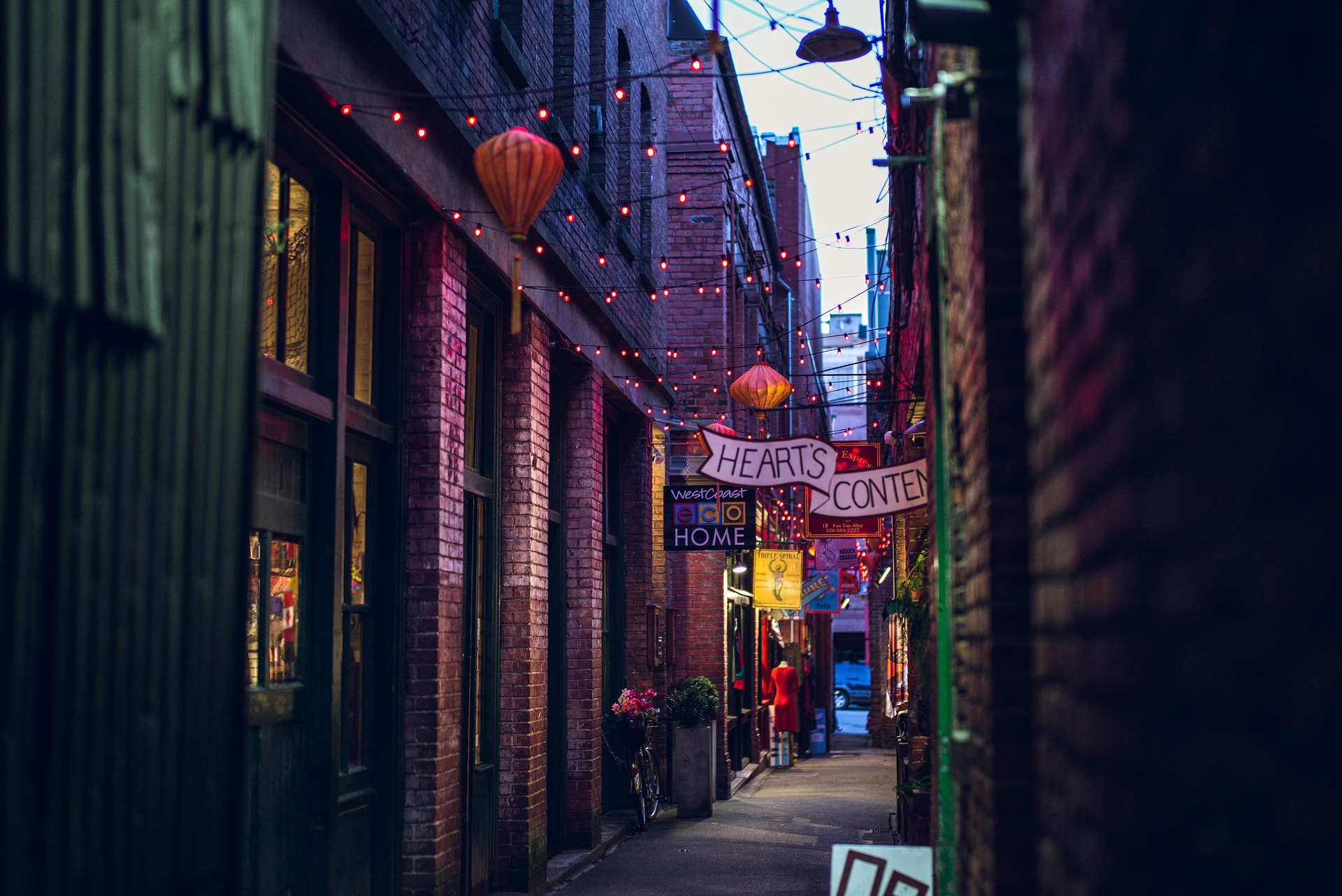 quaint city alley filled with brightly lit shops and overheat twinkle lights