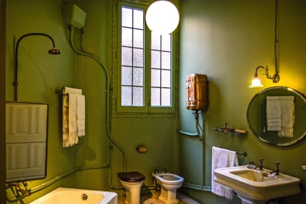 Green-walled bathroom with toilet and two sinks