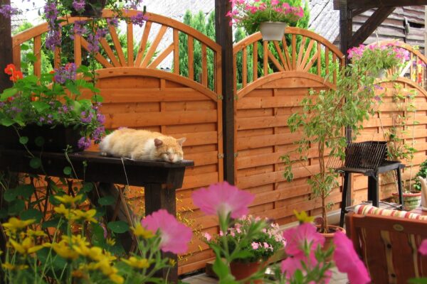 A wooden fence in a garden with a sleeping cat on a rail post.